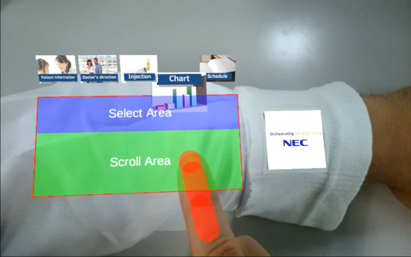 Users can interact with the virtual keyboard without having to physically touch their arm.