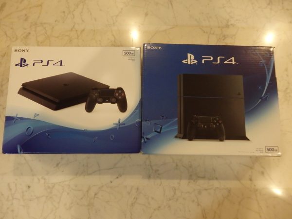 The slim PS4 box (left) versus  its not-so-slim predecessor.