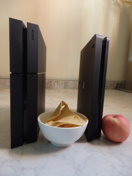 The slim PS4 with a healthier eating option (right) next to its chunkier predecessor. 