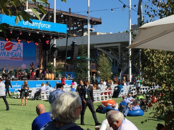 The closed street in front of Moscone Centre which has been paved with artificial turf where tents and chairs have been set up for Dreamforce 2016 attendees. PHOTO: Grace Chng